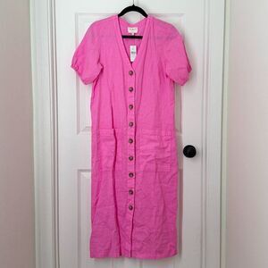 Women Lou & Grey Linen Pocket Midi Dress Puff Sleeve Button Front in Pink Medium